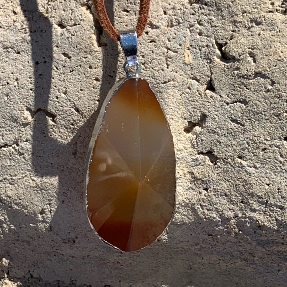Faceted Agate Pendant and Brown Suede Necklace